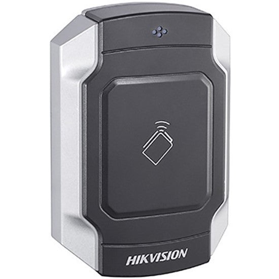 Hikvision DS-K1104M card reader from Galaxy Security showing access card being used to unlock the device.