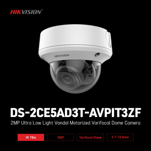 Hikvision 2MP Turbo HD analog camera with 2.7-13.5mm lens, black housing, and outdoor security design.