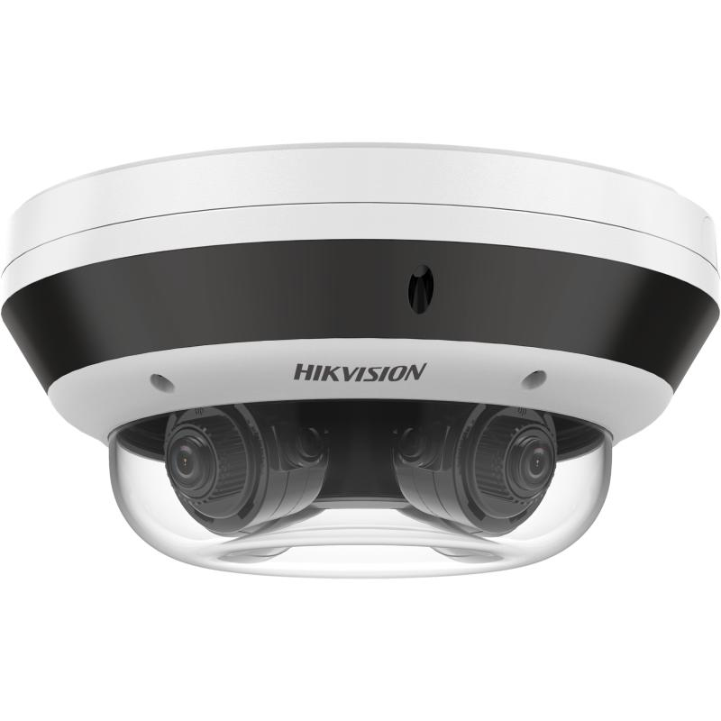 Hikvision 4MP panoramic dome IP camera with 2.8-12mm lens, mounted on ceiling, for wide-angle security surveillance.