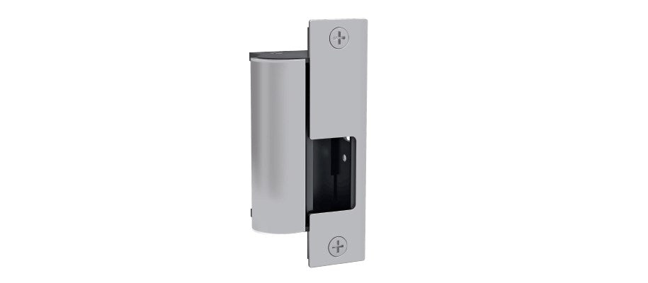 My Store HES 1006 electric strike installed on a door frame, showing its metal latch and compact electronic locking mechanism.