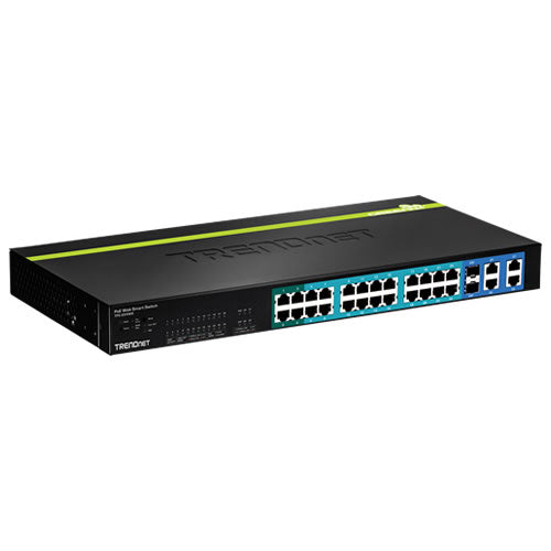 TRENDnet 24-port 10/100 Mbps Web Smart PoE+ switch with Ethernet ports and LED indicators for network management.