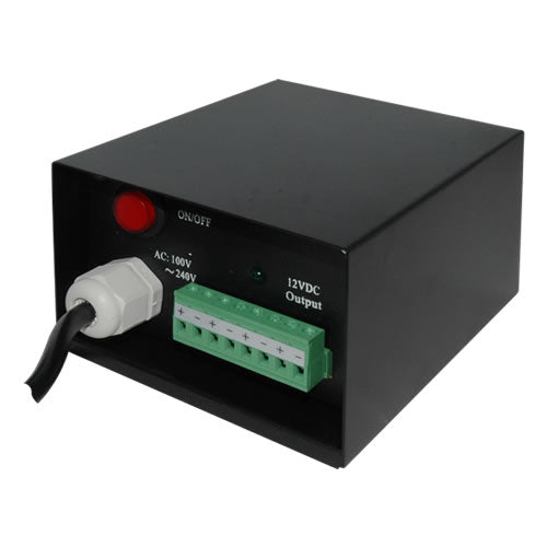 CCTV power supply for audio and video equipment, compact black device with multiple connectors and power input