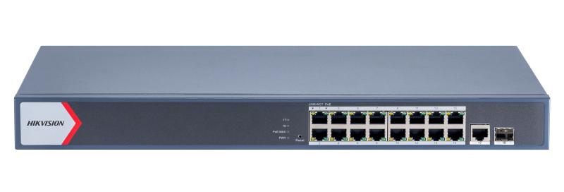 Hikvision Network Switch DS-3E1518P-EI with 16 ports, mounted on a server rack, used for professional security network setups.