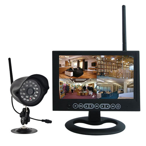 Wireless 2.4GHz digital quad view IR security camera set with four cameras and night vision for home surveillance.