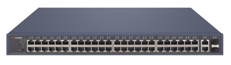 Hikvision DS-3E1552P-SI network switch with multiple Ethernet ports, black rectangular device for security network setup