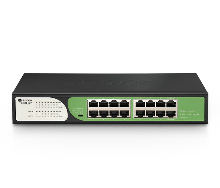 16-port Gigabit Ethernet switch from BDCOM GX-S1500-16T series, shown with ports and LED indicators on the front panel.