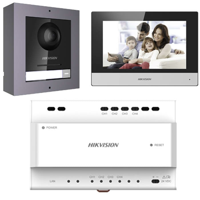 Hikvision Video Door Station DS-KIS702Y-P with camera, microphone, and intercom features for secure home entry communication.