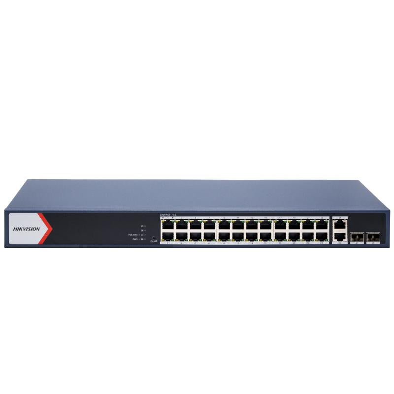 Hikvision Network Switch DS-3E1528P-EI with multiple Ethernet ports, shown with front view and indicator lights.