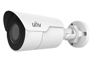 Uniview IPC2128SR3-DPF40 4K mini fixed bullet network camera mounted outdoors with a weather-resistant housing.