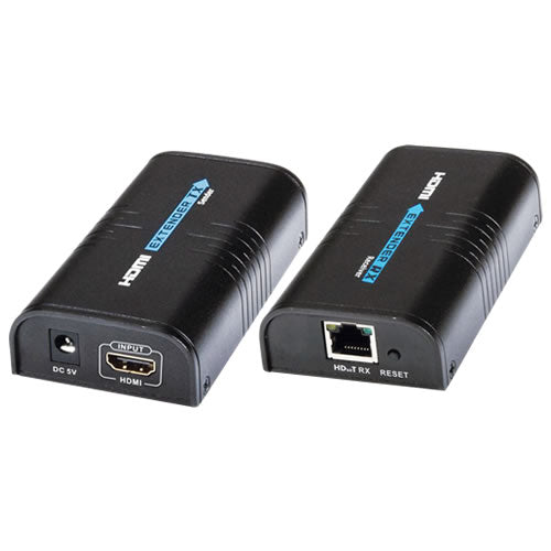 HDMI 1080P extender via network cable showing connected devices and network setup for long-distance HD video transmission.