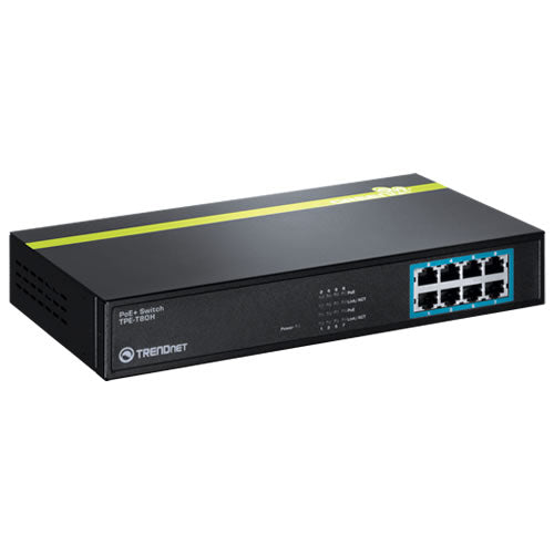 TRENDnet 8-port 10/100 Mbps PoE+ switch with LED indicators and port labels for network connectivity.