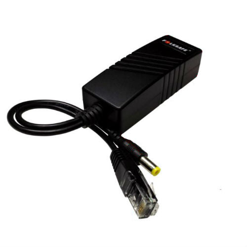 PoE splitter from My Store showing power and data ports, used to power network devices via Ethernet cable.
