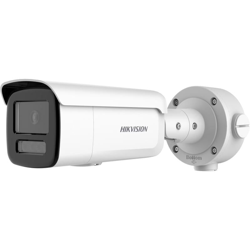 Galaxy Security Hikvision 4MP Bullet IP Camera DS-2CD3T46G2H-LISU with 2.8mm lens, shown in a close-up of the camera body and lens.