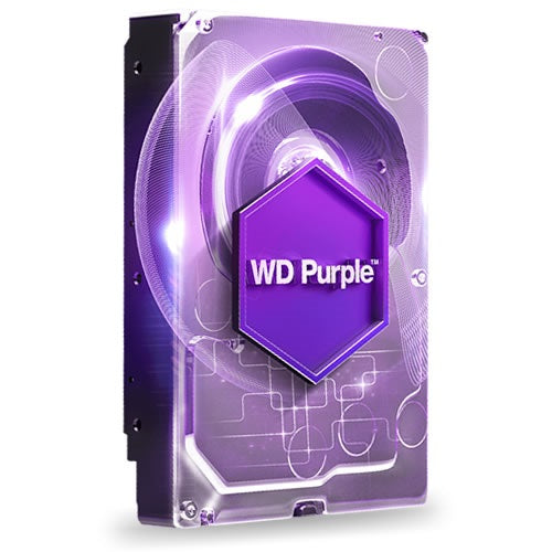 WD Purple 4TB hard drive with 64MB cache, designed for surveillance storage, shown in the image.