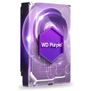 WD Purple 6TB hard drive with 64MB buffer, designed for surveillance and data storage, shown with black casing and ports.
