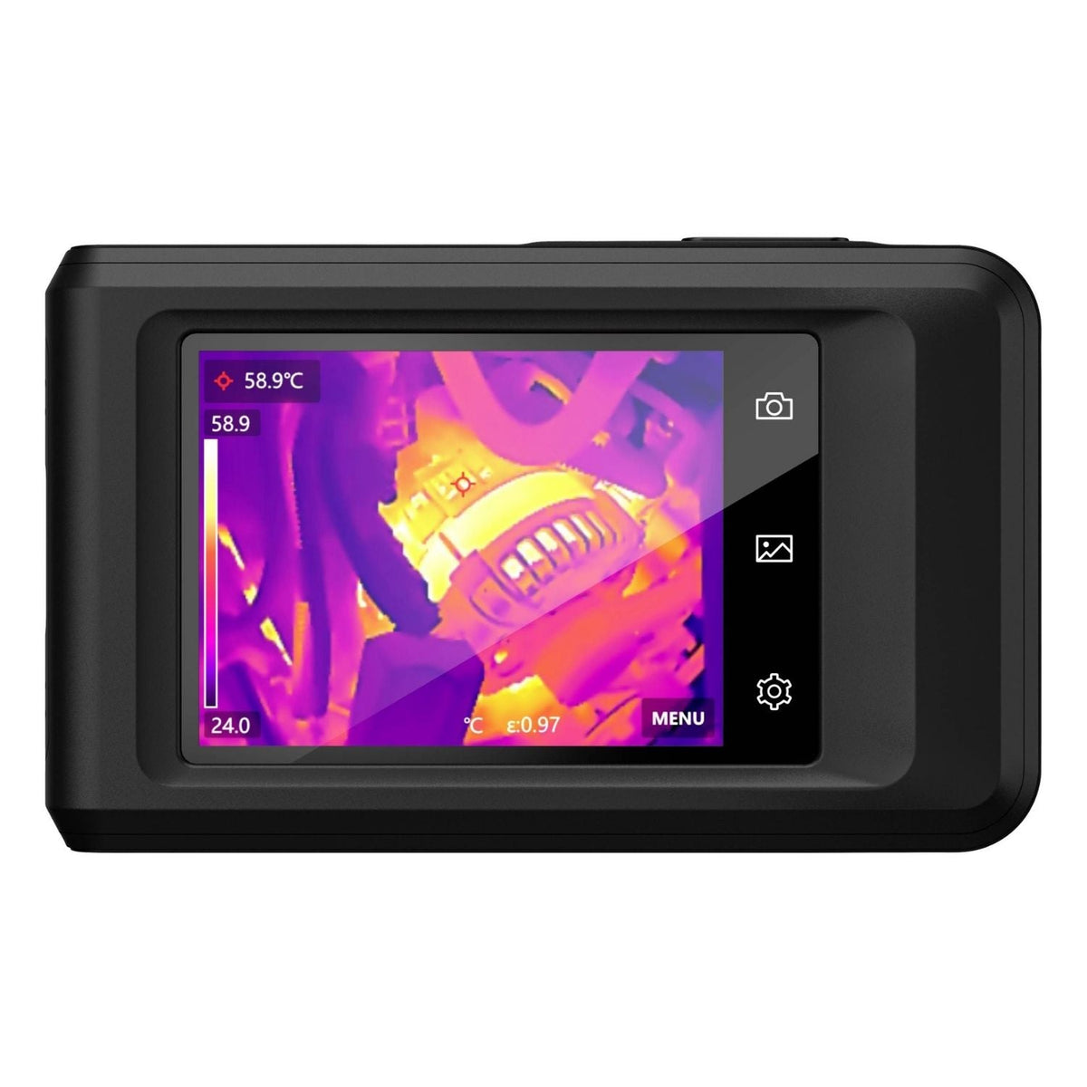 Hikvision 8MP thermal camera HM-TP42-3AQF/W-Pocket2 by Galaxy Security showing front view with thermal sensor and compact design