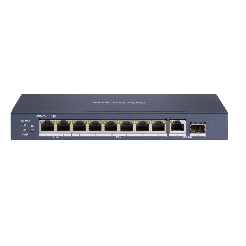 Hikvision Galaxy Security network switch DS-3E0510HP-E with multiple Ethernet ports and power over Ethernet (PoE) capabilities.