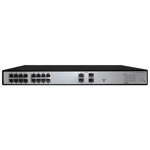 16-port 10/100Mbps PoE switch with IEEE 802.3af/at support, featuring clear ports and power indicators.