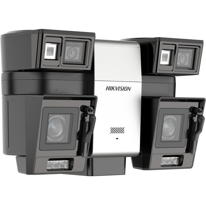 Hikvision 8MP bullet IP camera by Galaxy Security, showing the black outdoor security camera with lens and mounting hardware.
