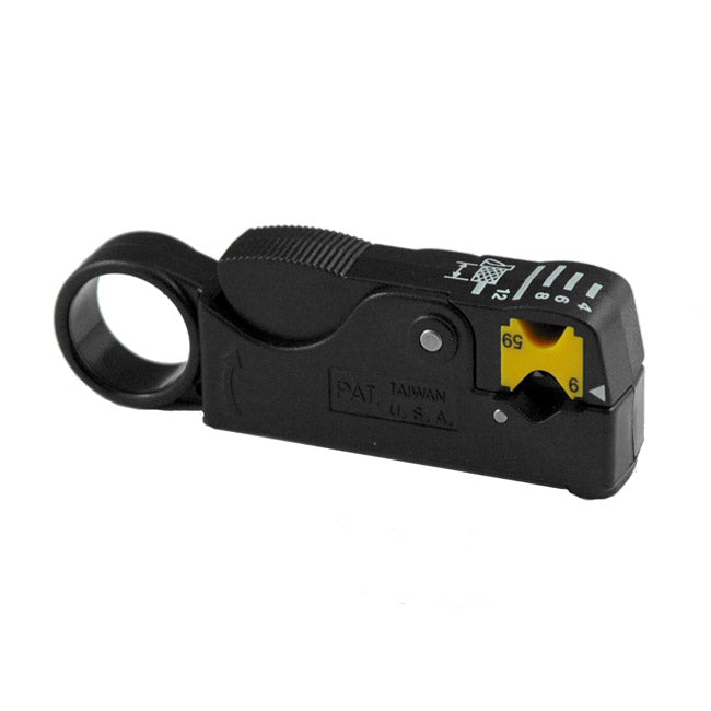Coaxial cable stripper by My Store, showing a close-up of the tool with adjustable blades for precise cable stripping.