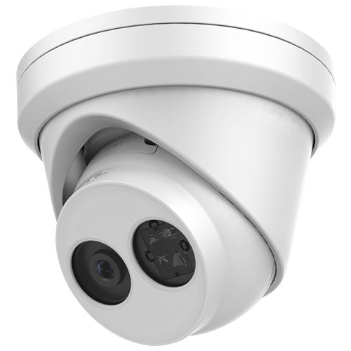 Galaxy Platinum 5.0MP H.265+ WDR Matrix IR turret IP camera with 4mm lens, black, mounted on wall for security surveillance.