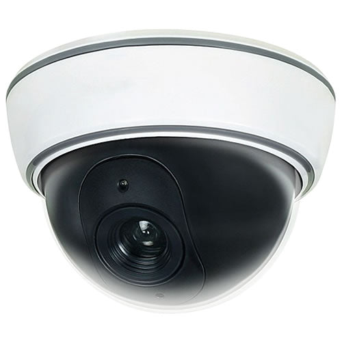 Indoor/outdoor security dome camera with red flashing LED light, designed for surveillance and monitoring.
