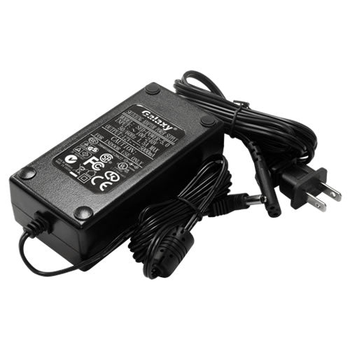 Galaxy DC power adaptor connected to a device, with a sleek black design and cable, suitable for electronic device power supply.