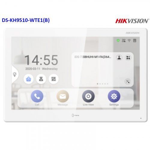 Hikvision DS-KH9510-WTE1(B) indoor video intercom station with touchscreen display and sleek white design for home security.