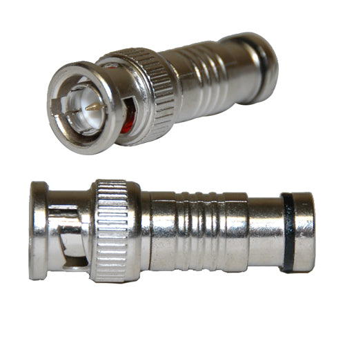 Premium BNC compression connector for RG59 coaxial cable, showing the connector with its compression fitting and metal body.