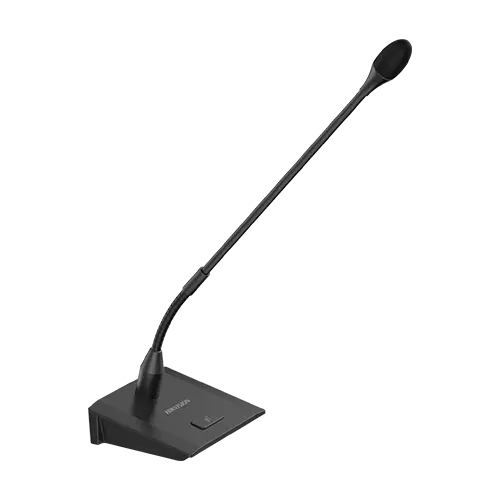 Hikvision power supply DS-QAE0MG0G1 for security systems, with a gooseneck paging microphone attached, used in surveillance setups.