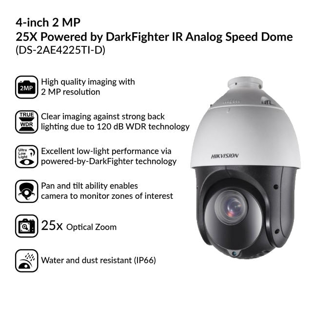 Galaxy Security Hikvision DS-2AE4225TG-3 analog security camera with adjustable zoom and infrared night vision for surveillance.