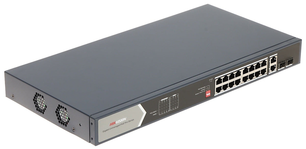 Hikvision DS-3E0520HP-E network switch by Galaxy Security with multiple Ethernet ports and power over Ethernet (PoE) features.