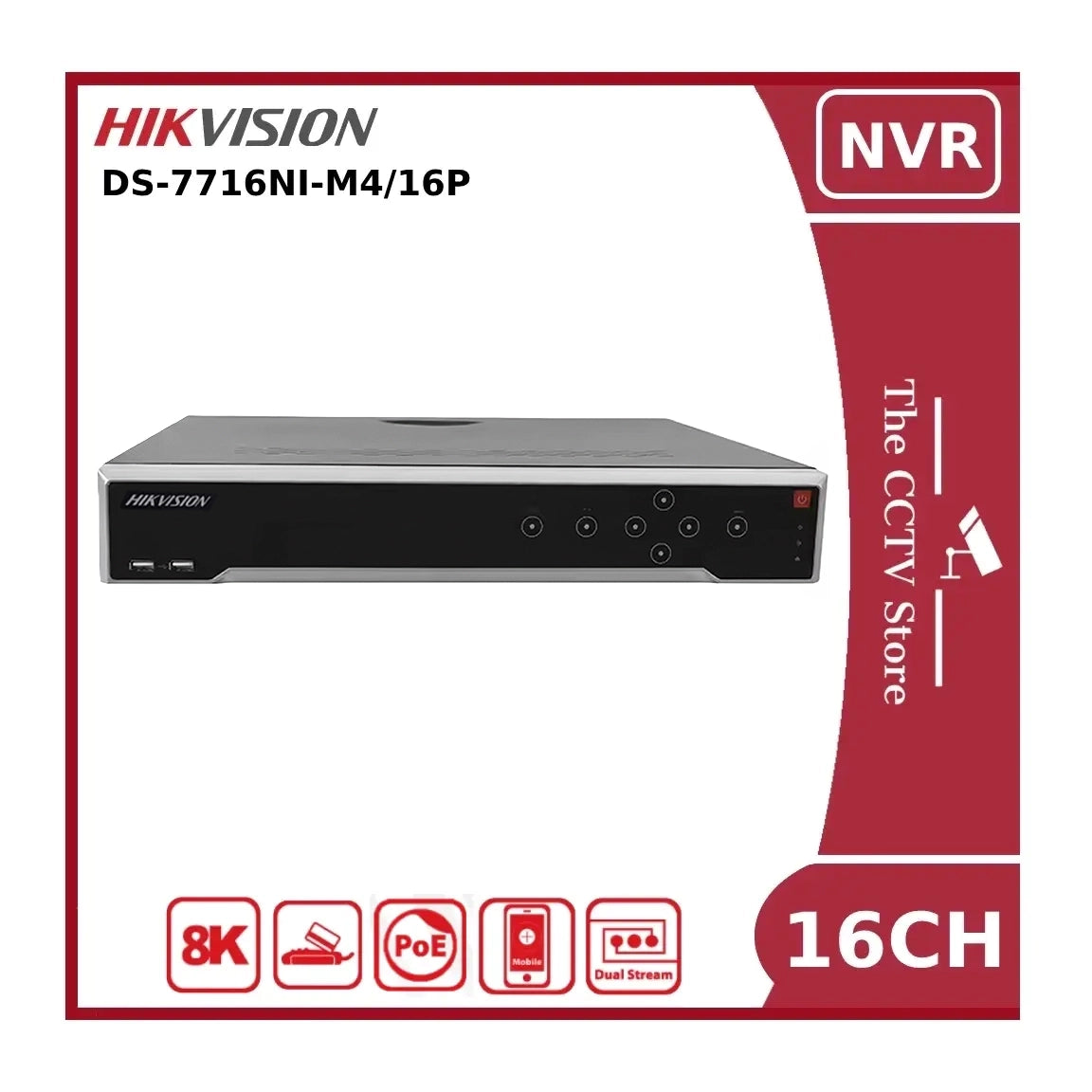 Hikvision 16-Channel Network Video Recorder DS-7716NI-M4/16P with multiple ports and cooling vents for security surveillance.