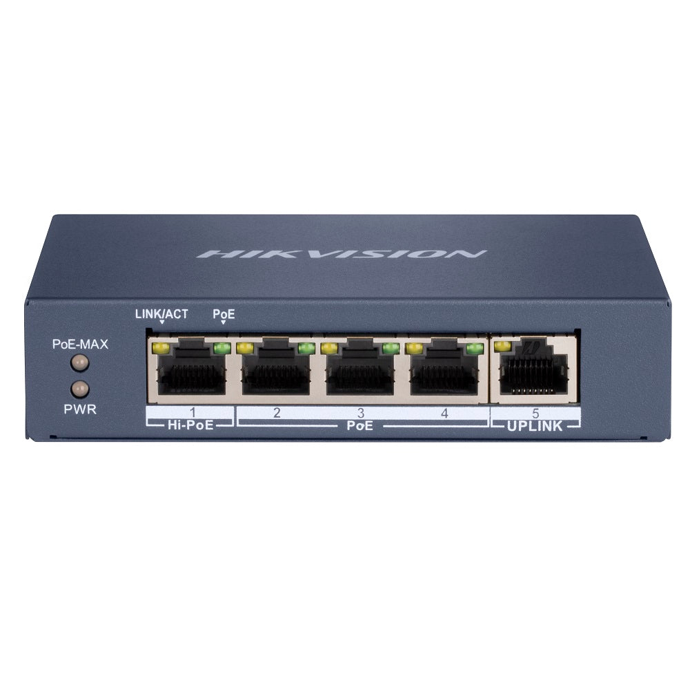 Hikvision Network Switch DS-3E0505HP-E with multiple Ethernet ports, black rectangular device for network connectivity.