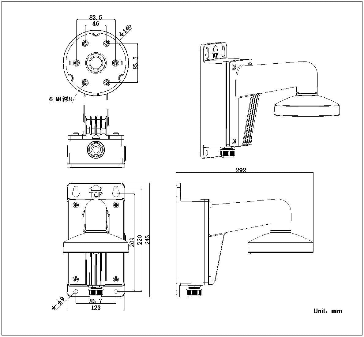 Hikvision DS-1273ZJ-140B-Y mounting bracket for security cameras, mounted on a wall with cables connected, in a professional setup.