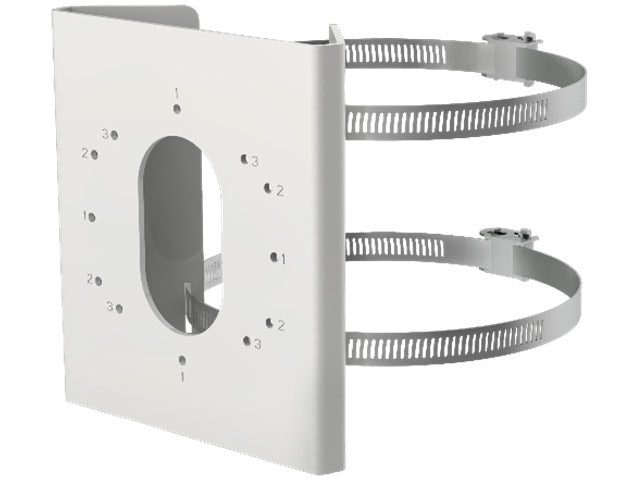 Hikvision mounting bracket PM by Galaxy Security, sturdy metal wall mount for security cameras, installed on a white wall.