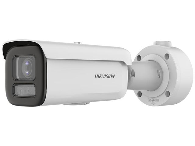 Hikvision 8MP Bullet IP Camera DS-2CD3686G2HT-LIZS with 2.7-13.5mm lens, mounted outdoors for surveillance.