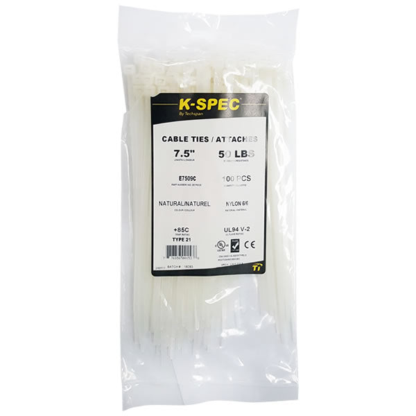 K-SPEC Cable Tie - 7.5 inch 50 lbs Natural 100pcs