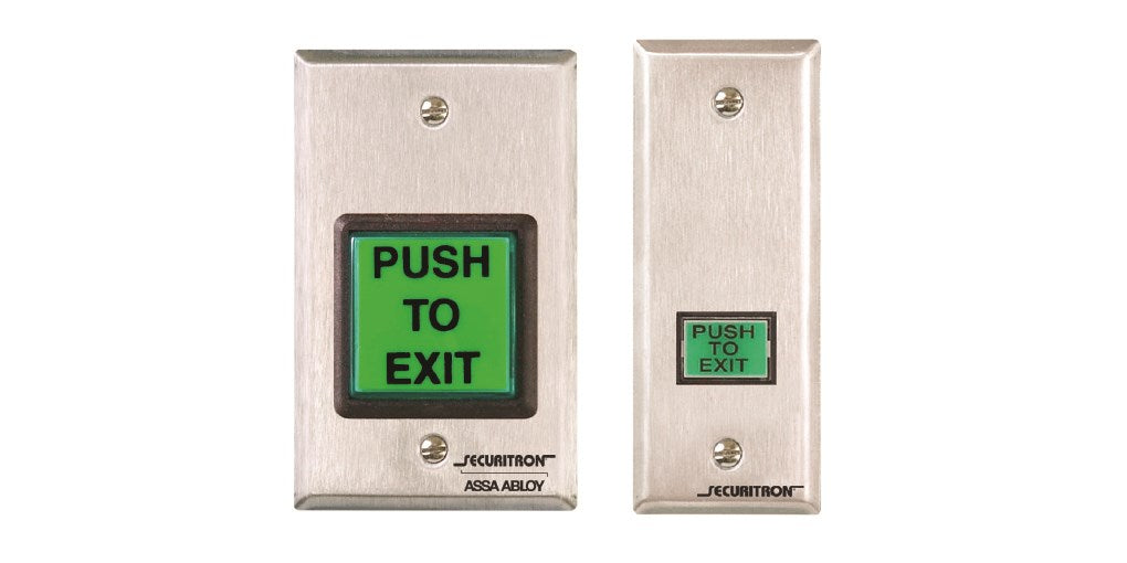 Emergency exit button by Securitron, mounted on a wall, designed for quick access in security and safety applications.
