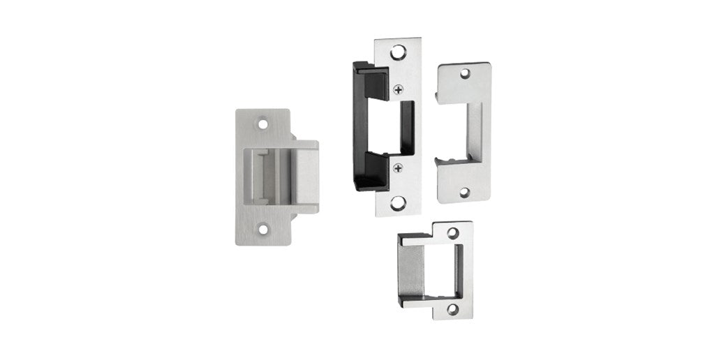 Compact AES-300 electric strike by My Store, showing a bundle of secure door lock components and wiring for access control.