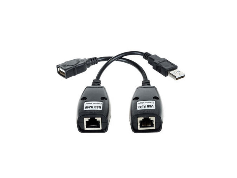 USB to 50M/150ft extender cable, showing the black flexible wire and connectors for long-distance data transfer.