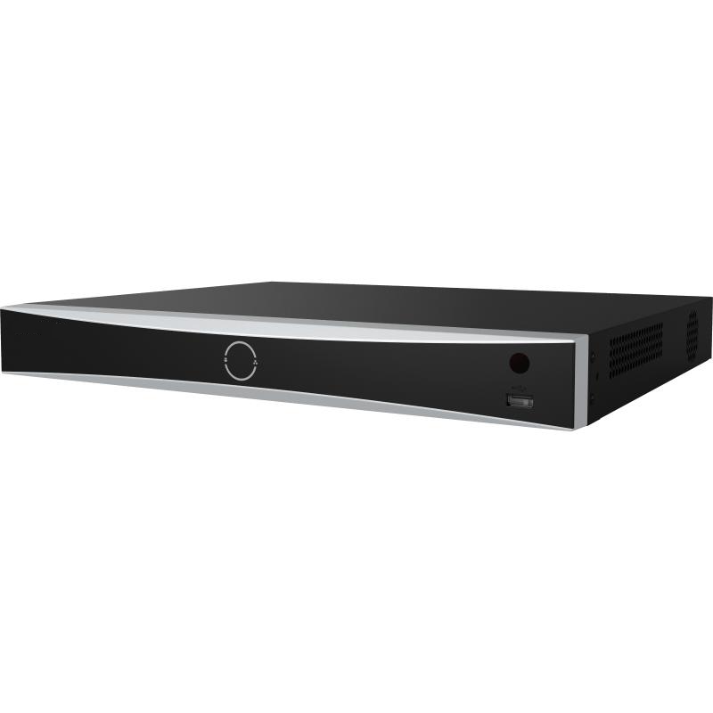 Galaxy Security 16-channel 1U AcuSense NVR with 16 PoE ports and 2 SATA drives, shown with front panel and connected cables.