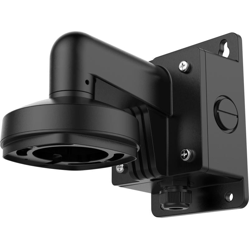 Black Hikvision DS-1272ZJ-120B-Y mounting bracket for security cameras, shown mounted with adjustable features.