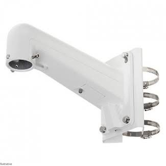 Vertical pole mount for security cameras, durable black metal bracket from My Store, suitable for outdoor surveillance installations.