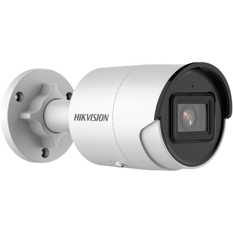 Hikvision 4MP Bullet IP Camera DS-2CD2043G2-IU with 2.8mm lens, mounted outdoors for security surveillance.