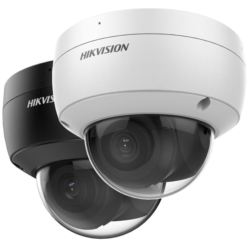 Hikvision DS-2CD2143G2-IU 4 MP AcuSense black fixed dome network security camera with built-in microphone.