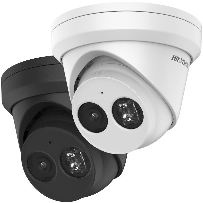 Hikvision DS-2CD2343G2-IU 4MP AcuSense fixed turret network security camera in black, showing lens and camera body.