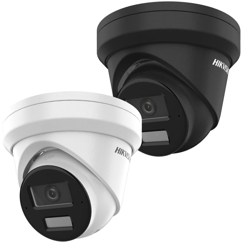 Hikvision DS-2CD2383G2-LI2U 8MP Acusense hybrid light fixed turret network camera with 2.8mm lens, mounted on a wall.