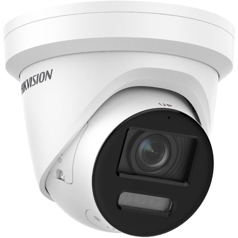 Hikvision 8MP turret IP camera DS-2CD2387G2-LSU/SL with 2.8mm lens, mounted on a wall for security surveillance.