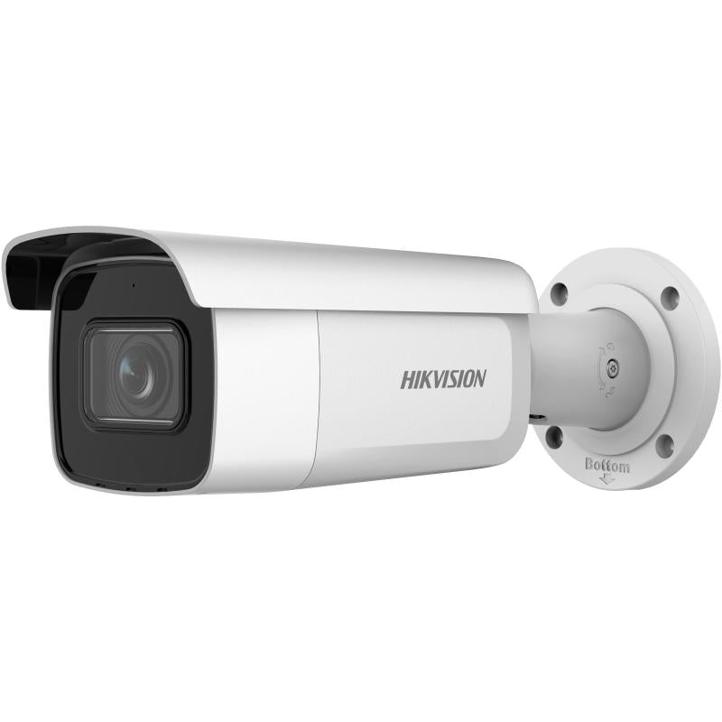 Hikvision 4MP Bullet IP Camera DS-2CD2643G2-IZS with 2.8-12mm lens, outdoor security camera, mounted on a wall.